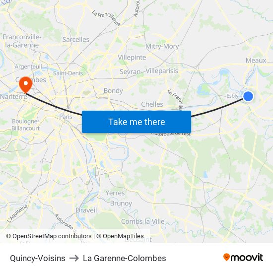 Quincy-Voisins to La Garenne-Colombes map