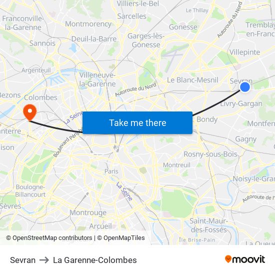 Sevran to La Garenne-Colombes map
