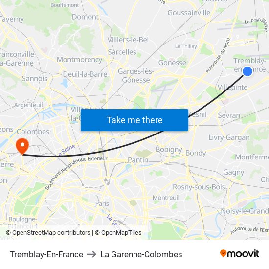 Tremblay-En-France to La Garenne-Colombes map