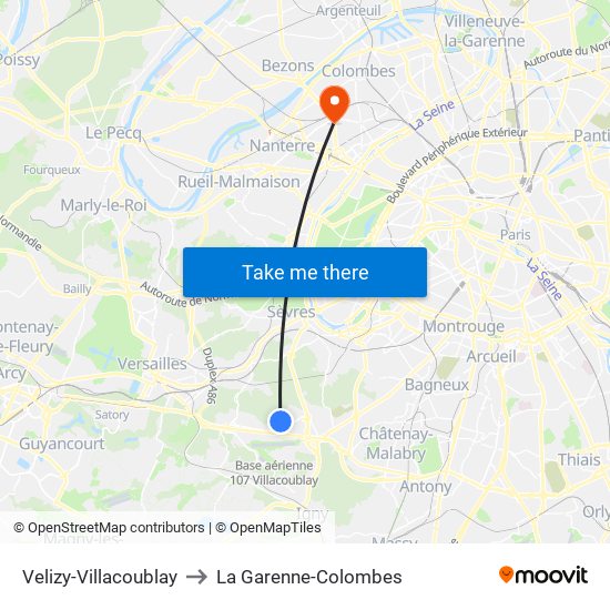 Velizy-Villacoublay to La Garenne-Colombes map