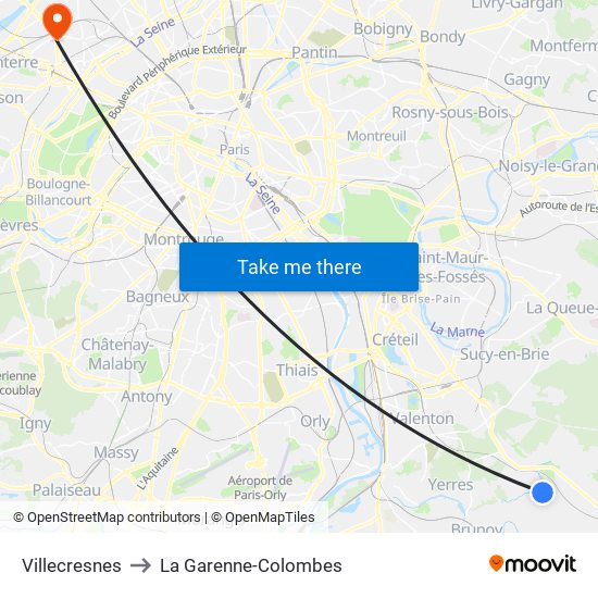 Villecresnes to La Garenne-Colombes map