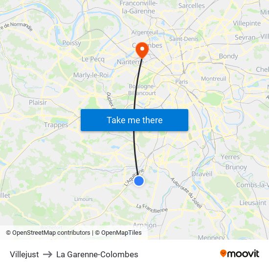 Villejust to La Garenne-Colombes map