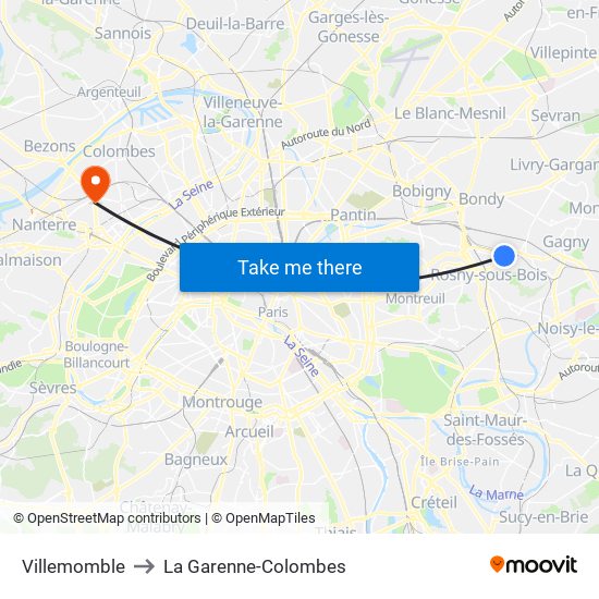 Villemomble to La Garenne-Colombes map