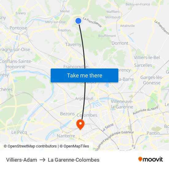 Villiers-Adam to La Garenne-Colombes map