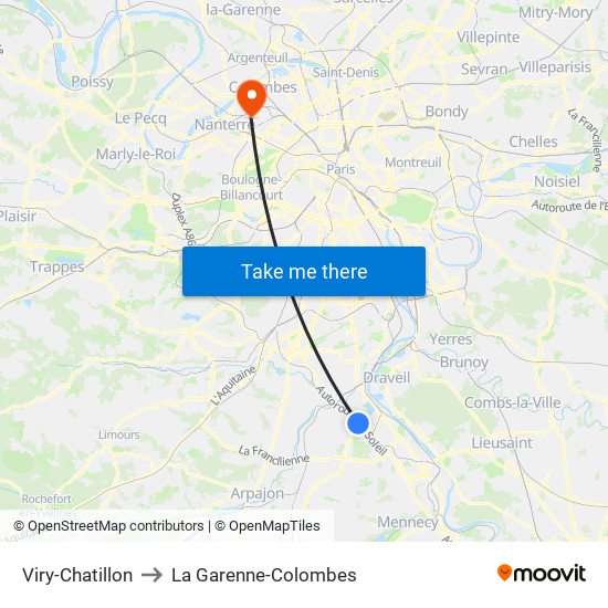 Viry-Chatillon to La Garenne-Colombes map