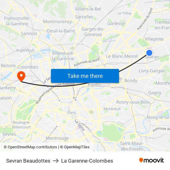 Sevran Beaudottes to La Garenne-Colombes map