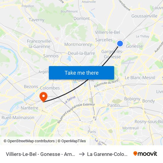 Villiers-Le-Bel - Gonesse - Arnouville to La Garenne-Colombes map