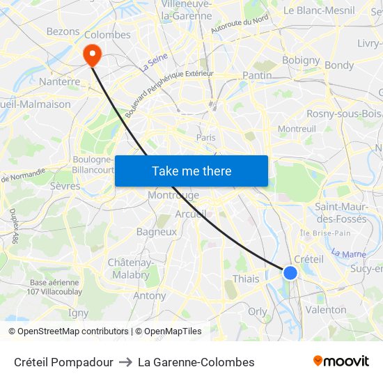 Créteil Pompadour to La Garenne-Colombes map