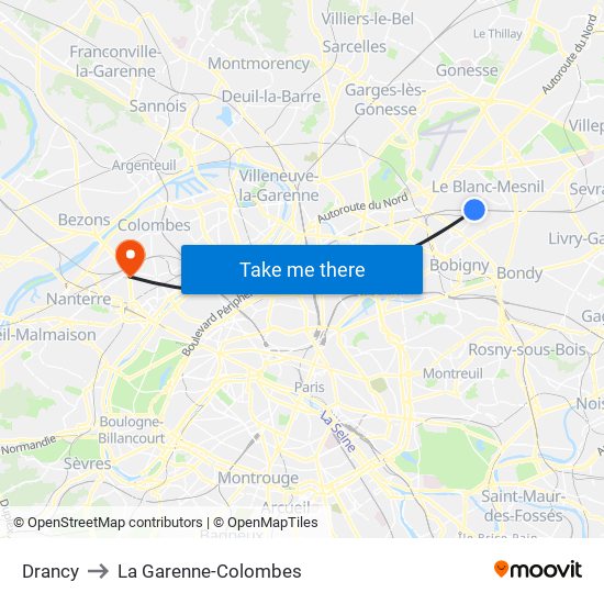 Drancy to La Garenne-Colombes map