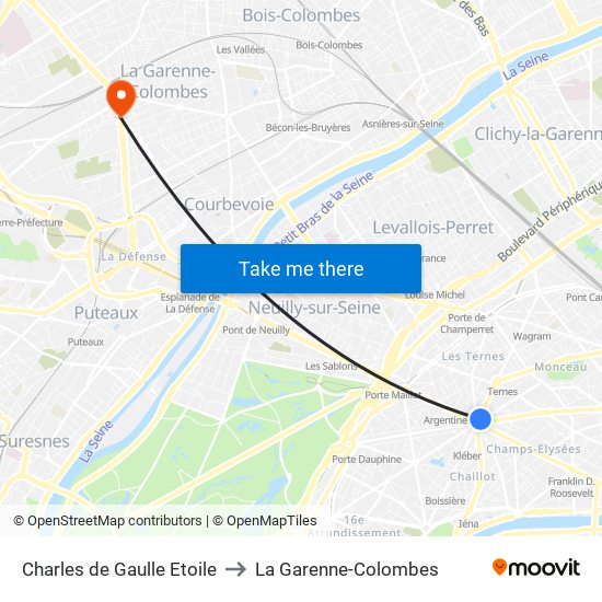 Charles de Gaulle Etoile to La Garenne-Colombes map