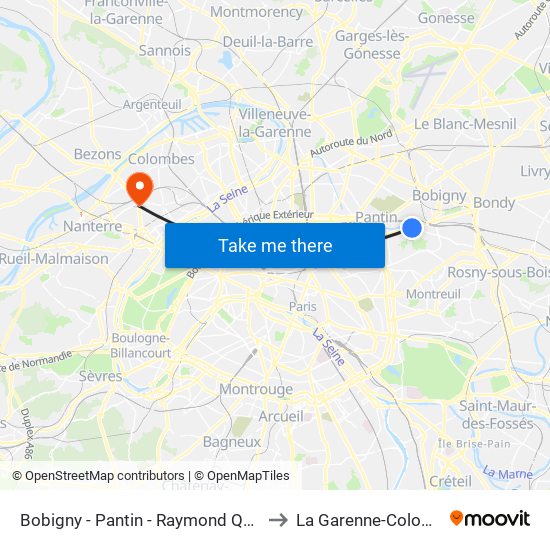 Bobigny - Pantin - Raymond Queneau to La Garenne-Colombes map