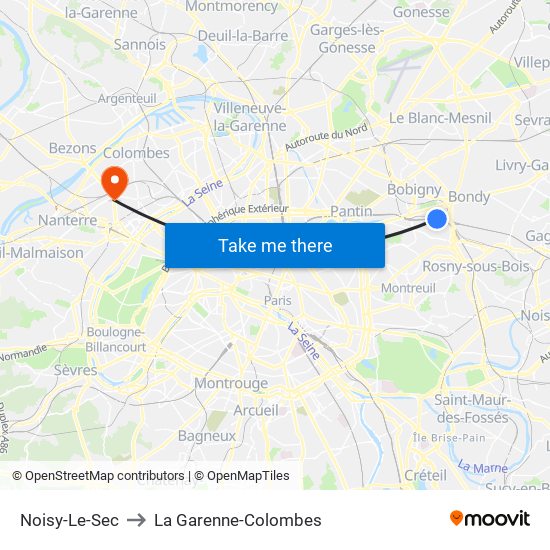 Noisy-Le-Sec to La Garenne-Colombes map