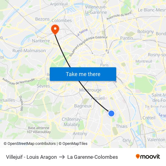Villejuif - Louis Aragon to La Garenne-Colombes map
