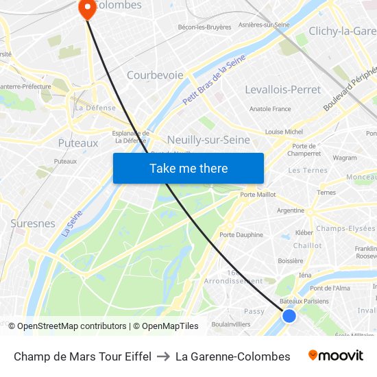 Champ de Mars Tour Eiffel to La Garenne-Colombes map
