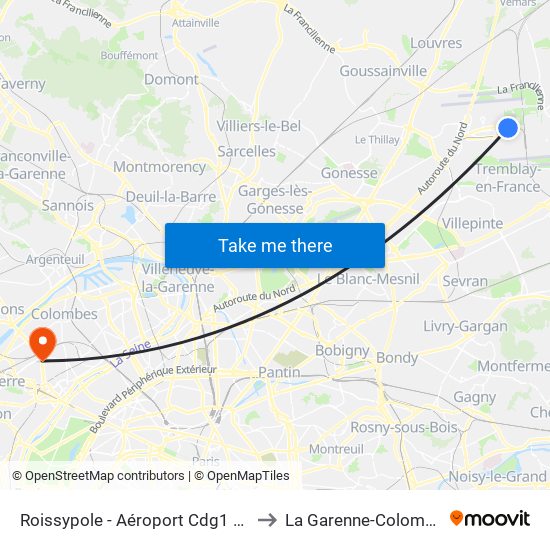 Roissypole - Aéroport Cdg1 (D3) to La Garenne-Colombes map