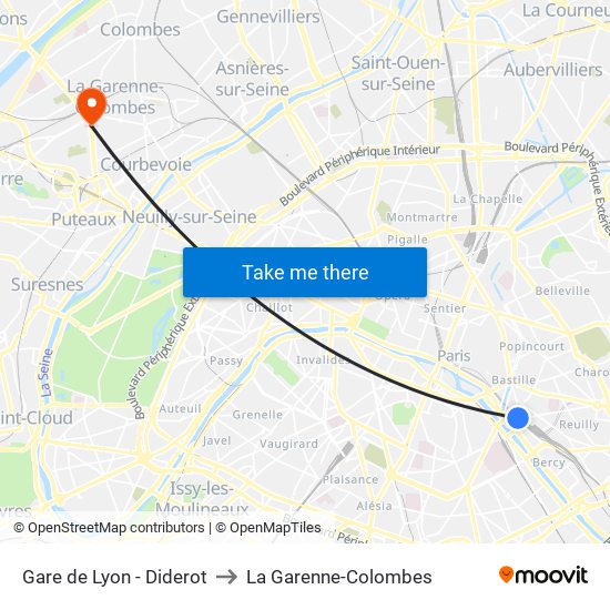Gare de Lyon - Diderot to La Garenne-Colombes map