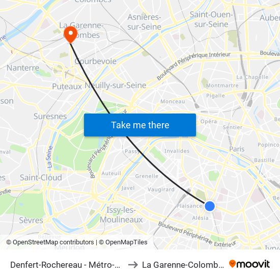 Denfert-Rochereau - Métro-Rer to La Garenne-Colombes map