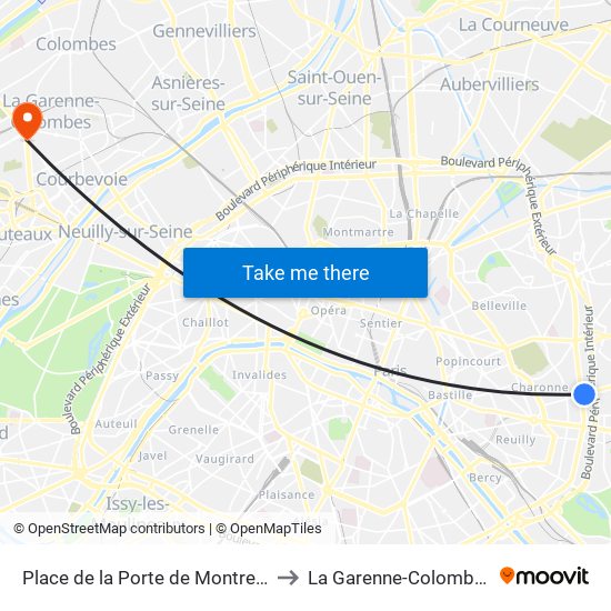 Place de la Porte de Montreuil to La Garenne-Colombes map