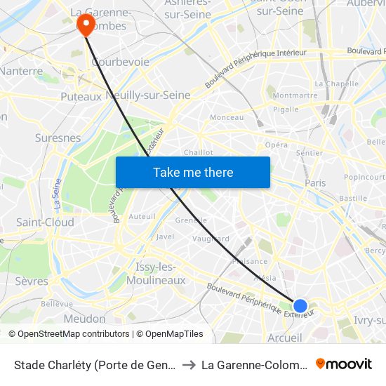 Stade Charléty (Porte de Gentilly) to La Garenne-Colombes map