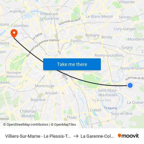 Villiers-Sur-Marne - Le Plessis-Trévise RER to La Garenne-Colombes map