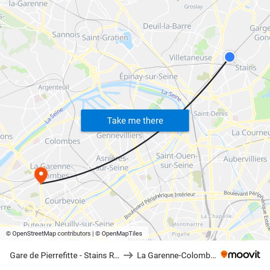 Gare de Pierrefitte - Stains RER to La Garenne-Colombes map