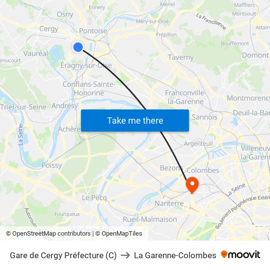 Gare de Cergy Préfecture (C) to La Garenne-Colombes map