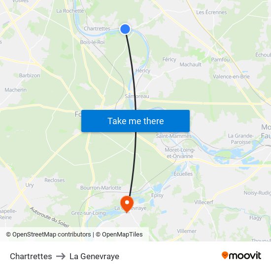 Chartrettes to La Genevraye map
