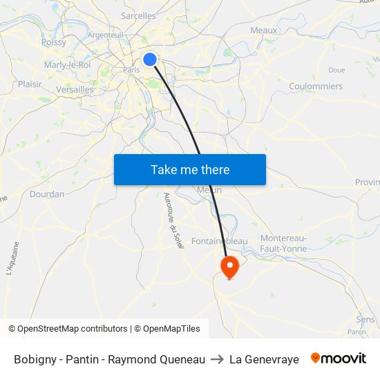 Bobigny - Pantin - Raymond Queneau to La Genevraye map