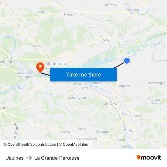 Jaulnes to La Grande-Paroisse map