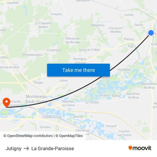 Jutigny to La Grande-Paroisse map