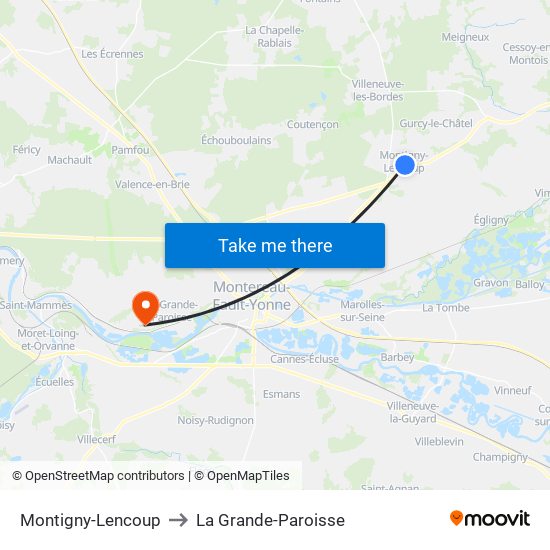 Montigny-Lencoup to La Grande-Paroisse map