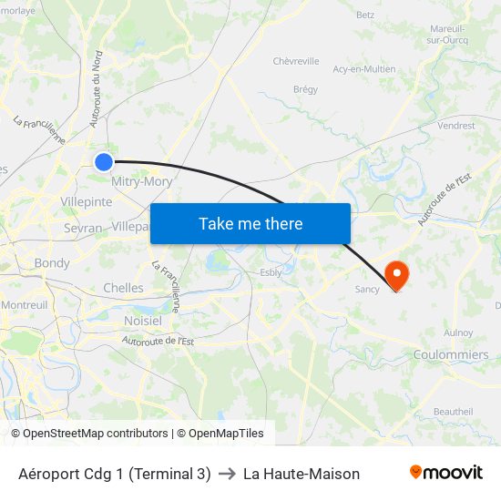 Aéroport Cdg 1 (Terminal 3) to La Haute-Maison map