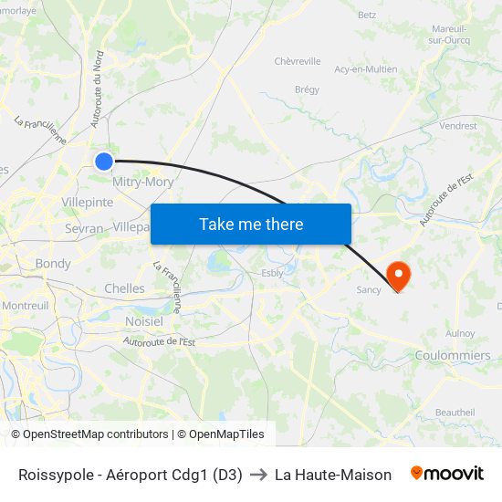 Roissypole - Aéroport Cdg1 (D3) to La Haute-Maison map