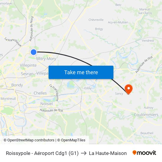 Roissypole - Aéroport Cdg1 (G1) to La Haute-Maison map