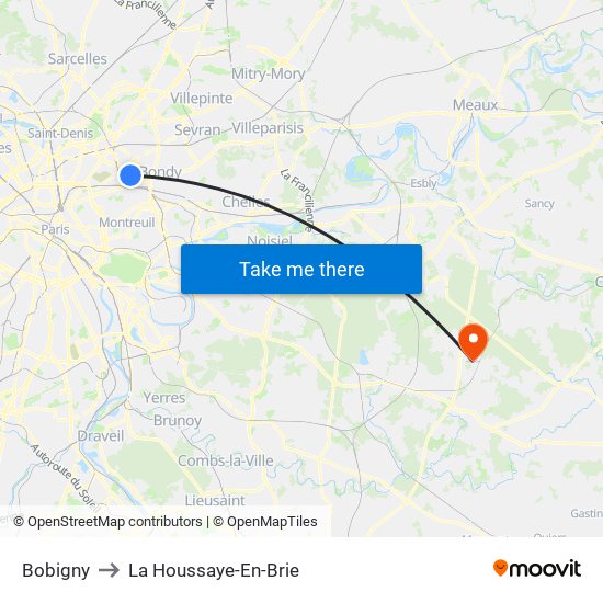 Bobigny to La Houssaye-En-Brie map