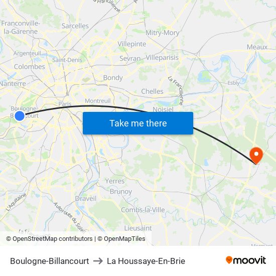 Boulogne-Billancourt to La Houssaye-En-Brie map