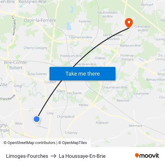 Limoges-Fourches to La Houssaye-En-Brie map