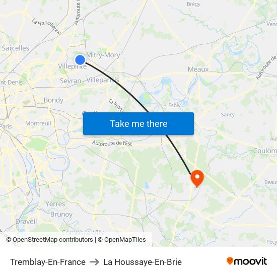 Tremblay-En-France to La Houssaye-En-Brie map