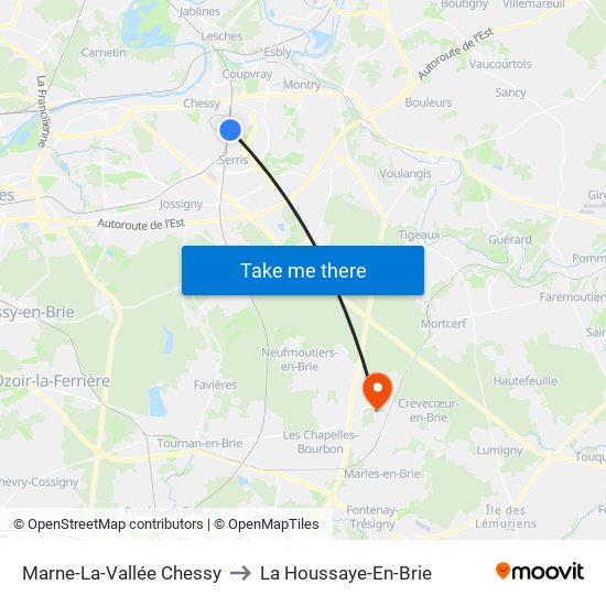 Marne-La-Vallée Chessy to La Houssaye-En-Brie map