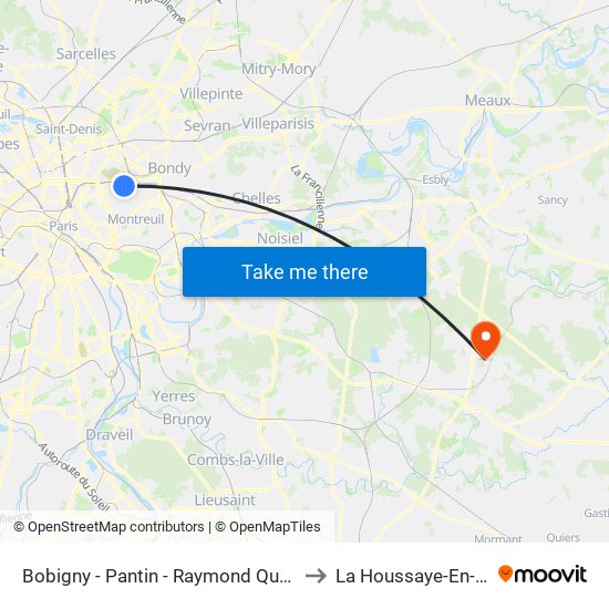 Bobigny - Pantin - Raymond Queneau to La Houssaye-En-Brie map