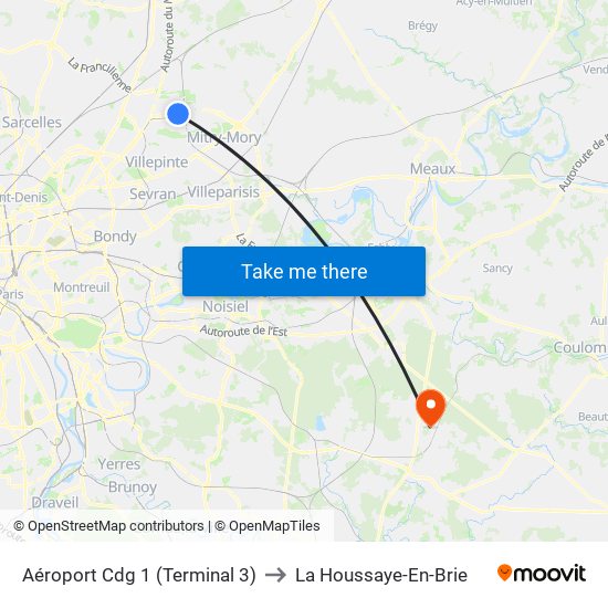 Aéroport Cdg 1 (Terminal 3) to La Houssaye-En-Brie map
