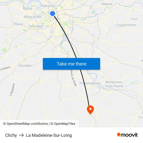 Clichy to La Madeleine-Sur-Loing map