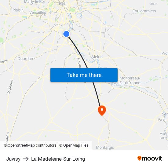 Juvisy to La Madeleine-Sur-Loing map