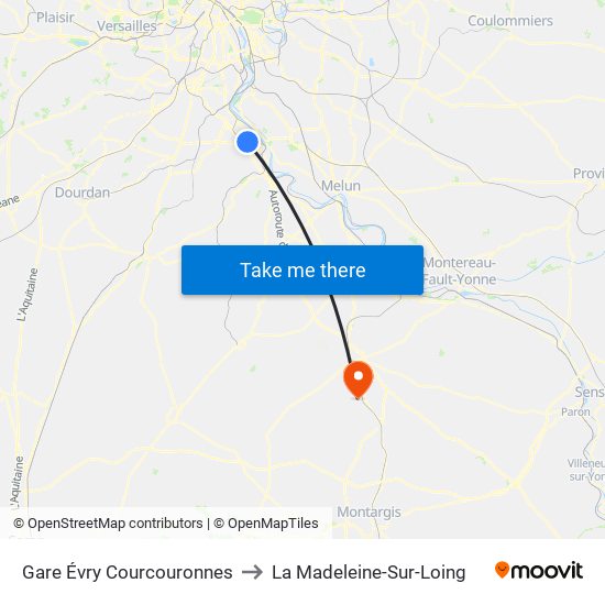 Gare Évry Courcouronnes to La Madeleine-Sur-Loing map