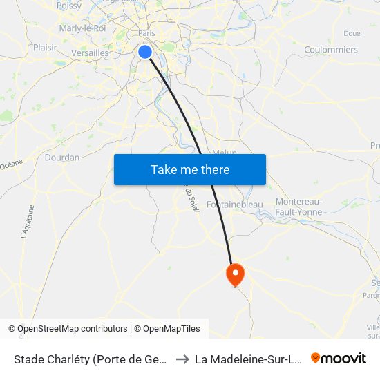 Stade Charléty (Porte de Gentilly) to La Madeleine-Sur-Loing map