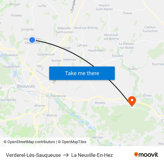 Verderel-Lès-Sauqueuse to La Neuville-En-Hez map