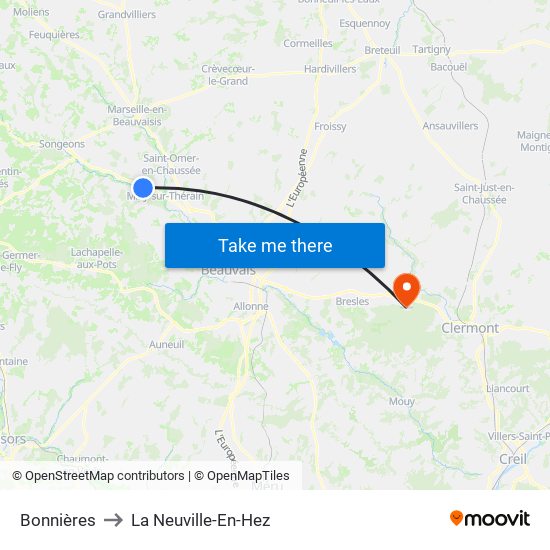 Bonnières to La Neuville-En-Hez map