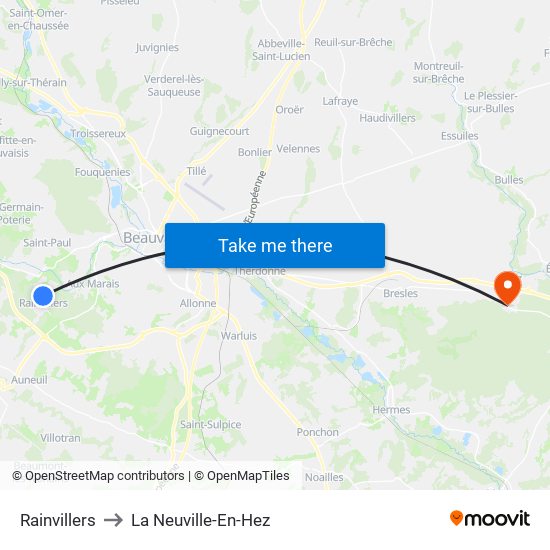 Rainvillers to La Neuville-En-Hez map