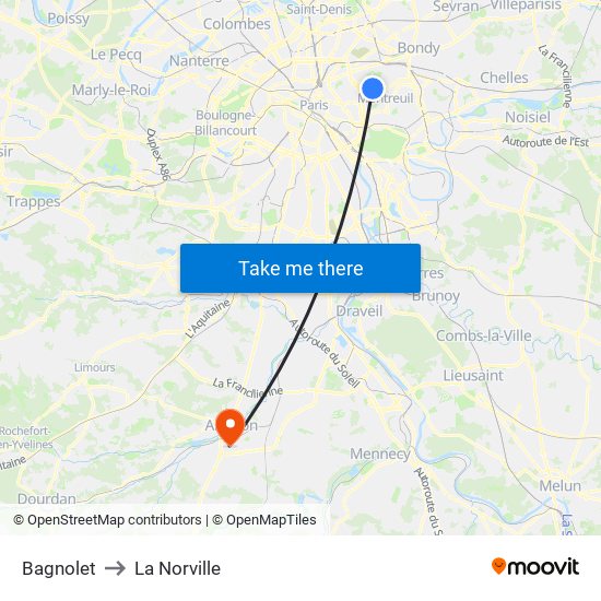 Bagnolet to La Norville map