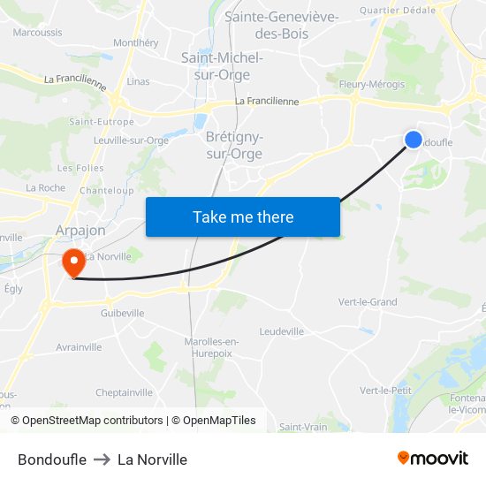 Bondoufle to La Norville map